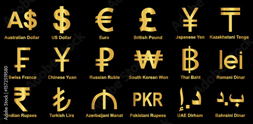 currency icons set. Australian dollar, us dollar, euro, pound, yuan, Yun, pkr, uae dirham, romania dinar, dinar, symbol sign. collection of currency. vector illustration. Gold Platted. 