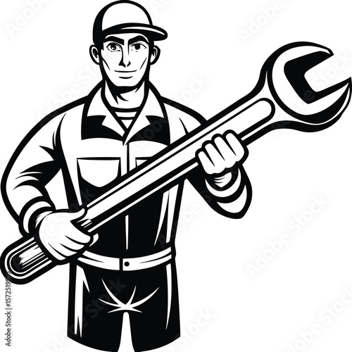Skilled worker holding large wrench plumber mechanic