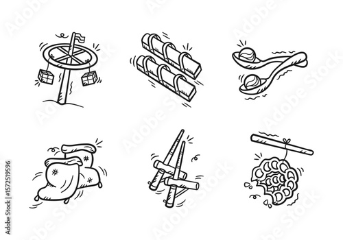 Indonesia traditional games hand drawn illustration. Set of Indonesia independence day contest vector icon doodle. Pole climbing, sack race, egrang bamboo, marble, clog, and eating crackers.