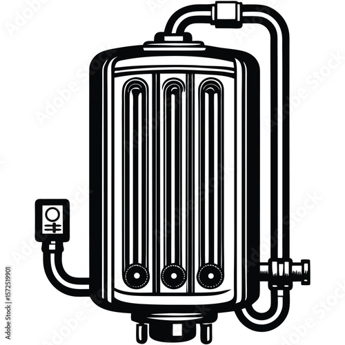 Vertical water heater with pipes and control panel