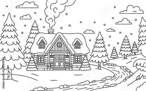Winter Cabin in Snowy Forest Hand Drawn Coloring Page Vector, Winter Cabin, Snowy House, Cozy Cottage, Snow Forest, Cabin Scene, Winter Coloring