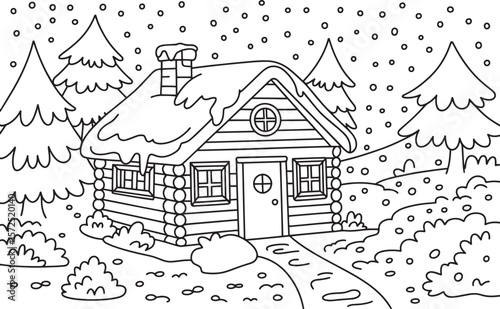 Winter Cabin in Snowy Forest Hand Drawn Coloring Page Vector, Winter Cabin, Snowy House, Cozy Cottage, Snow Forest, Cabin Scene, Winter Coloring