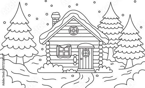 Winter Cabin in Snowy Forest Hand Drawn Coloring Page Vector, Winter Cabin, Snowy House, Cozy Cottage, Snow Forest, Cabin Scene, Winter Coloring