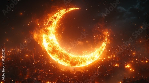 Fiery crescent moon over a burning city