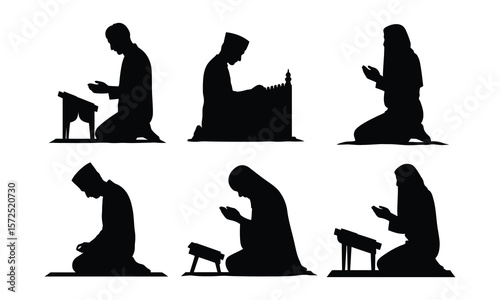 Six silhouettes of muslims praying in different poses.