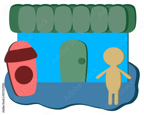 Flat cartoon style coffee shop with human figure and takeaway cup.