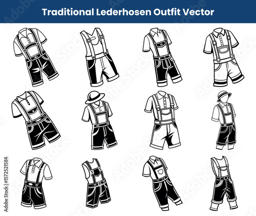 Traditional Bavarian Lederhosen Outfit Vectors with Shirts and Hat Black and White