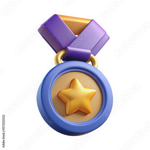 A 3d rendered award medal with a golden star and purple ribbon symbolizing achievement and victory isolated on transparent background