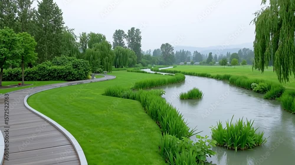 Serene River Walk: A tranquil journey unfolds alongside a winding river, bordered by lush greenery and a wooden pathway, inviting a sense of calm amidst nature's embrace. Serene River Walk: A tranquil journey unfolds alongside a winding river, bordered by lush greenery and a wooden pathway, inviting a sense of calm amidst nature's embrace.