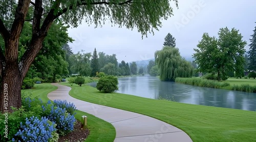 Serene Lakeside Pathway: A winding pathway through a lush green landscape, leading towards a tranquil lake under a soft, overcast sky, evoking a sense of peace and tranquility.