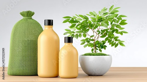 Eco-friendly Harmony: An artful composition of sustainable elements showcasing a cloth bag and bottles alongside a vibrant indoor plant, promoting eco-consciousness and environmental responsibility.
