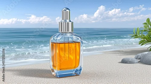 Coastal Fragrance: A clear, elegantly designed perfume bottle containing a golden essence stands serenely on a sun-kissed shore, with the vast ocean as its backdrop.