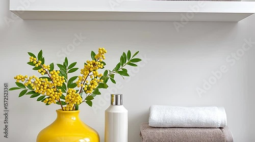 Still life in Minimalist Interior: a minimalist composition, a vibrant yellow vase overflowing with fresh flowers complements a white bottle and neatly folded towels.