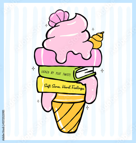 Pastel Coquette Girly Summer Bookish, books in melted ice cream cone, Hand Drawn Doodle with Bold Lines.