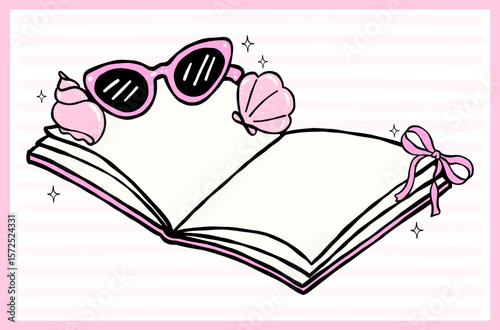 Pastel Coquette Girly Summer opened Book, Hand Drawn Doodle with Bold Lines in Vibrant Pastel Fisherman Aesthetic