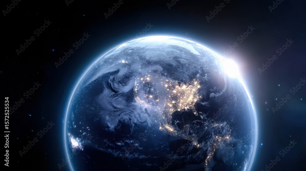 Fototapeta premium High-resolution 3D render of Earth from space showcasing glowing city lights at night