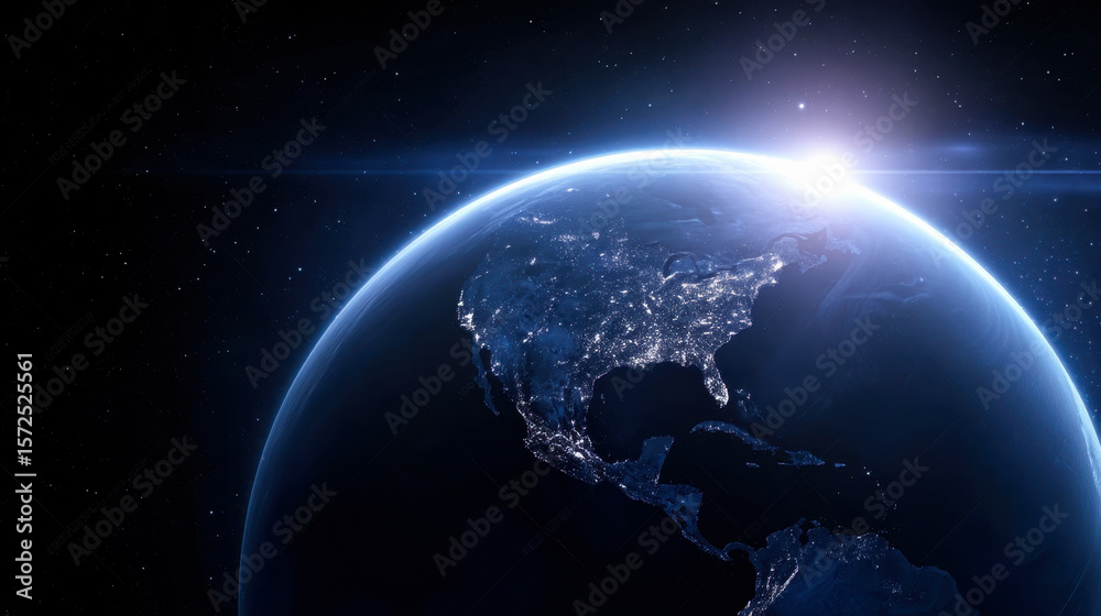 Naklejka premium Stunning 3D render of planet Earth glowing in the dark from space with vibrant city lights