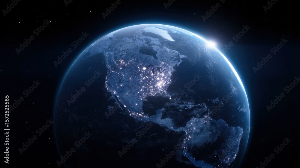Fototapeta premium Glowing city lights illuminate Earth from space with a detailed view of continents