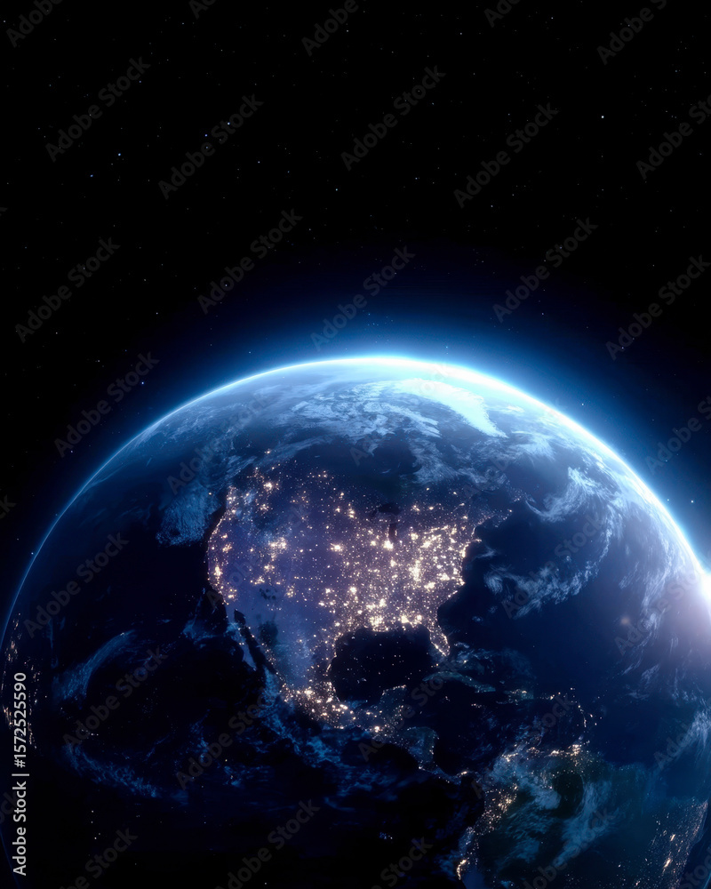 Obraz premium Planet Earth illuminated from space with vibrant city lights in America and Scandinavia