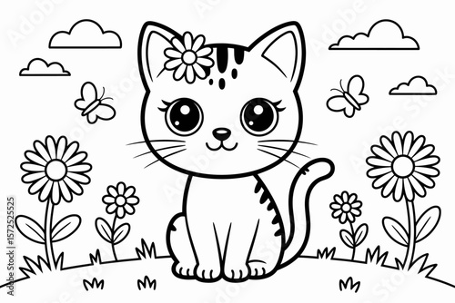Cute Kitten in the Garden: A charming illustration of an adorable kitten adorned with a flower crown, set amidst a delightful garden scene. Embrace innocence, playfulness, and natural beauty.