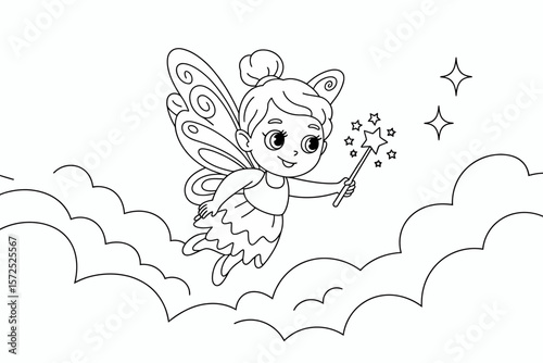 Whimsical Fairy in the Sky: An enchanting illustration depicts a fairy with delicate wings, and a magic wand, soaring gracefully amidst fluffy clouds, radiating pure enchantment and a touch of magic.