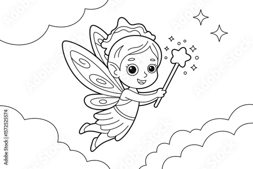 Magical Pixie: A whimsical pixie with delicate wings, adorned with a crown and holding a star-tipped wand, soaring against a cloudy backdrop, creating an atmosphere of fantasy and enchantment.