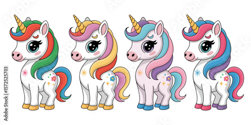 Whimsical Unicorns: A captivating illustration showcases a quartet of charming unicorns, each flaunting a unique rainbow mane and radiant golden horn against a soft, enchanting backdrop. 