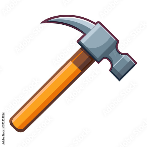 a hammer with a gray metal head and an orange wooden handle. 