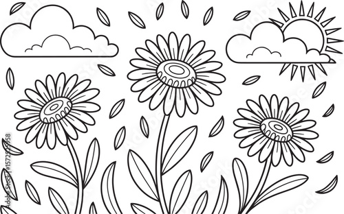 Spring Flowers and Sunshine Floral Nature Coloring Page Illustration, Spring Flowers, Floral Art, Daisy Coloring, Blooming Nature, Flower Field, Sunshine Page