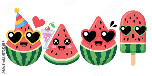 Cute Watermelon Party: A cheerful collection of kawaii watermelon characters, each with unique expressions and accessories, celebrating summer fun.