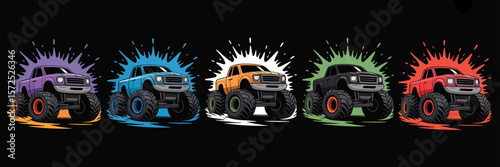 Monster Truck Extravaganza: An illustrative design showcases five vibrant monster trucks bursting with energy.