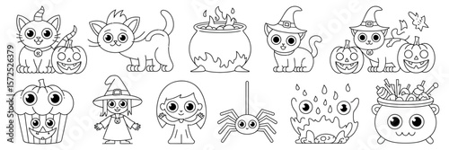 Spooky Halloween Icons: A charming assortment of line art illustrations, depicting adorable cats, pumpkins, cauldrons, and playful witchy elements, creating a whimsical celebration.
