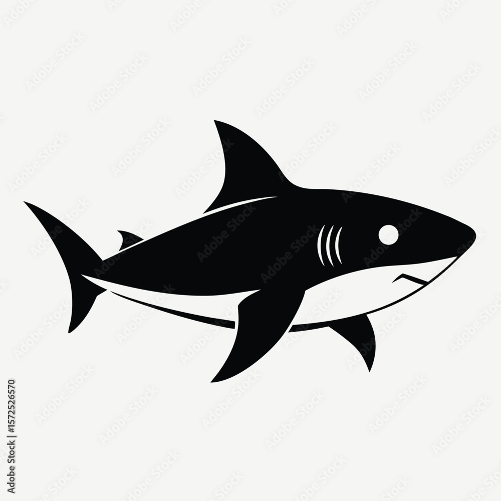 Obraz premium Simple black silhouette of a friendly cartoon shark with a big eye and a smile isolated on a white background