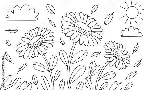 Spring Flowers and Sunshine Floral Nature Coloring Page Illustration, Spring Flowers, Floral Art, Daisy Coloring, Blooming Nature, Flower Field, Sunshine Page