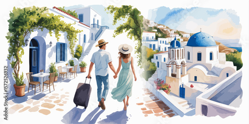 Summer Romance in Santorini: A watercolor depiction of a couple, hand-in-hand, exploring the picturesque streets of Santorini, Greece, with its iconic blue-domed churches and whitewashed buildings.
