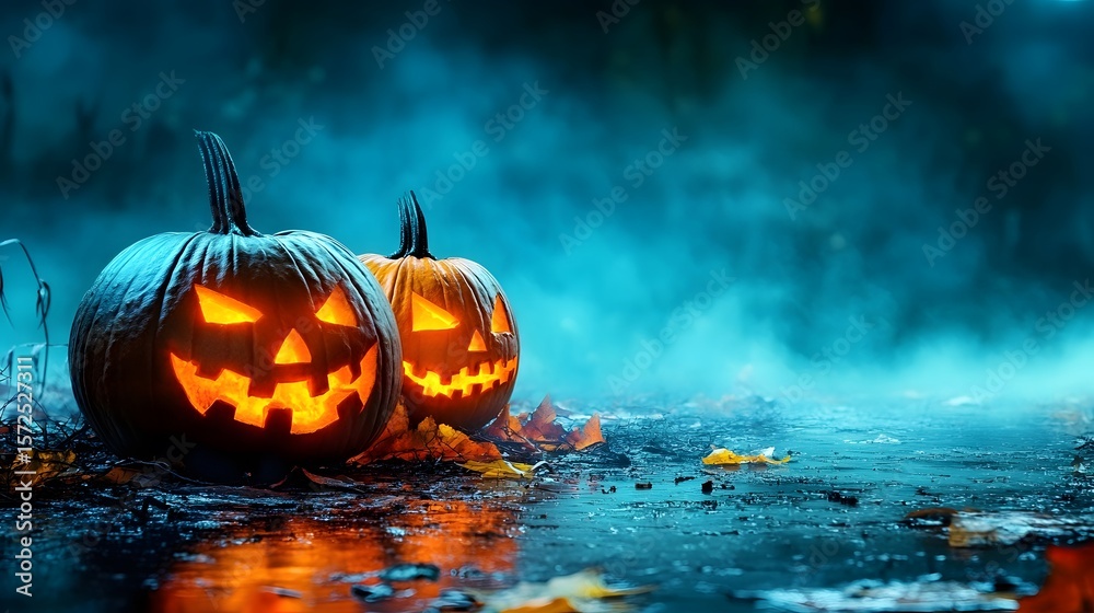 Naklejka premium Halloween Scene Featuring Glowing Jack-O'-Lanterns and Eerie Foggy Atmosphere