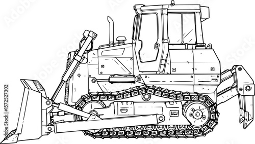 monochrome bulldozer, detailed outlines, side view