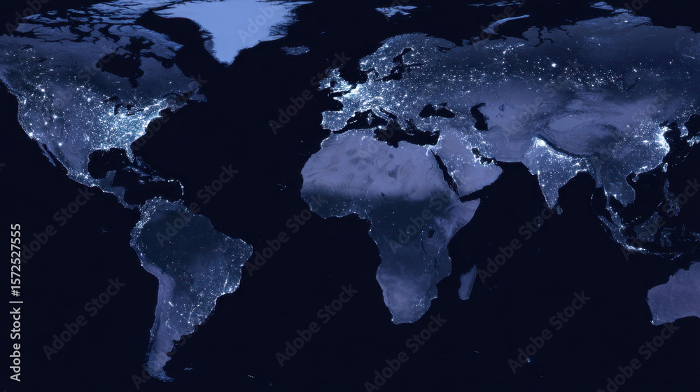Fototapeta premium Detailed map of Earth at night showcasing vibrant city lights across continents