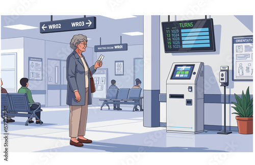 A woman checks her appointment on the automated patient appointment management digital screen. An elderly patient consults his appointment in the waiting room of a hospital with a digital system.