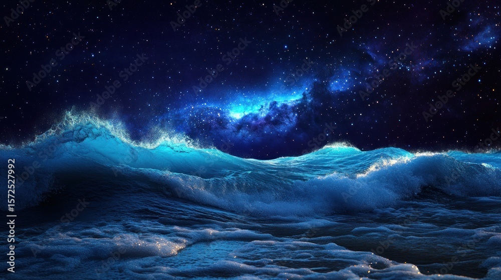 Fototapeta premium Celestial Ocean: Waves Beneath a Starry Night Sky, Ethereal Seascape
