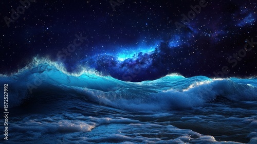 Celestial Ocean: Waves Beneath a Starry Night Sky, Ethereal Seascape