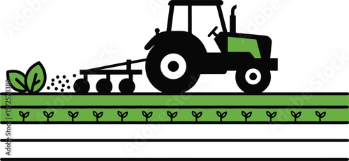 Farm tractor cultivates a vibrant green field in this agricultural illustration, showcasing farming and sustainable agriculture.