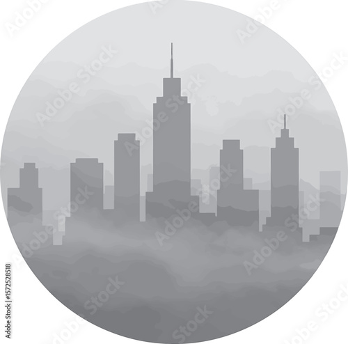 Misty cityscape silhouette offers a stylish view of urban architecture with its distinctive building shapes in a muted color palette.