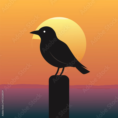 Silhouette of a solitary black bird perched on a post against a vibrant sunset sky with a large glowing sun