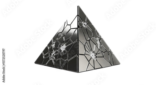Abstract Broken Silver Pyramid on Transparent Background with Fractures