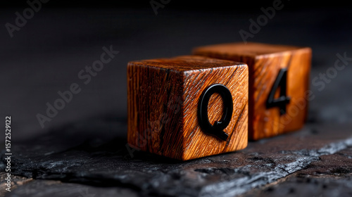Close up image of wooden cubes with alphabet Q4 on office desk. Fourth quarter concept. A macro photograph showcasing wooden blocks displaying the letter q and the number four