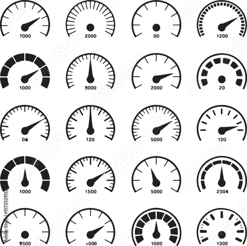 Collection of Speedometer and Gauge Illustrations Depicting Various Numerical Readings Ranging from Low to High Values in Several Distinct Graphic Styles