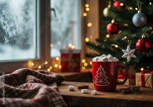 Wallpaper Mural Cozy Christmas Morning Scene with Hot Cocoa, Frosted Window, and Holiday Lights in Warm Rustic Setting Torontodigital.ca