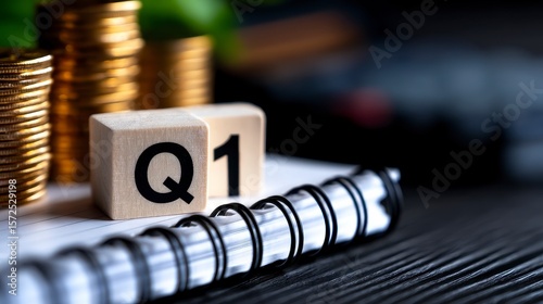Close up of white notebook with alphabet Q1 on office desk. first quarter concept. A pristine white notepad displaying the initialism q1 rests on a workspace surface a symbolic