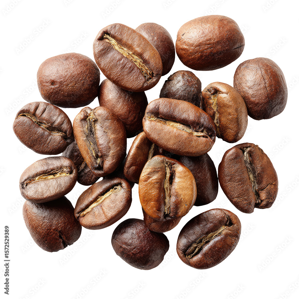 Fototapeta premium Roasted coffee beans in a scattered top view on clean white background. Warm brown texture and glossy cracks. Signal energy, comfort, and premium quality. Ideal for café menus, packaging